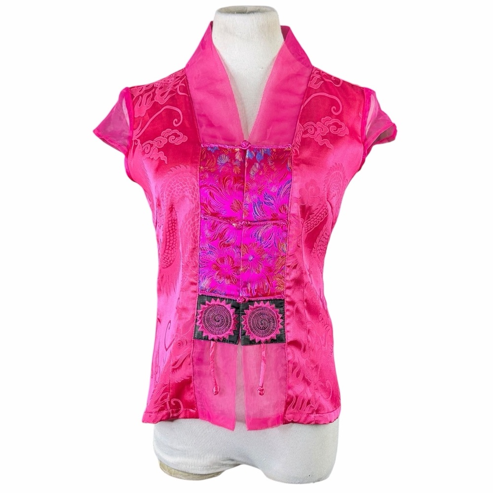 Ba Xi Hua Fu Hot Pink Embroidered Floral Satin Chongasam - Size XL